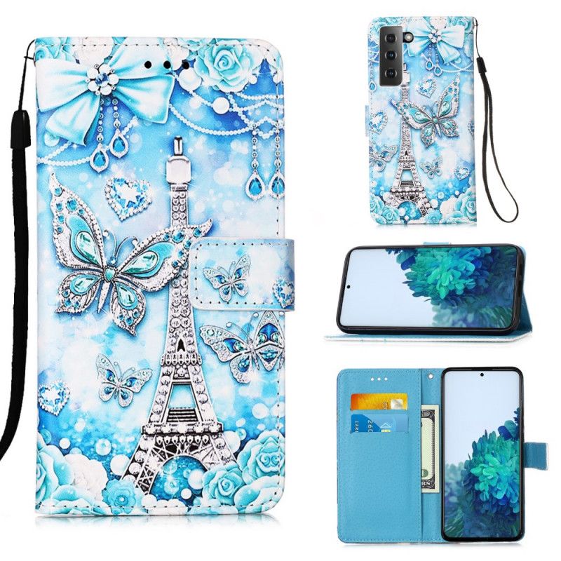 Étui Housse Samsung Galaxy S21 Plus 5g Tour Eiffel Papillons À Lanière