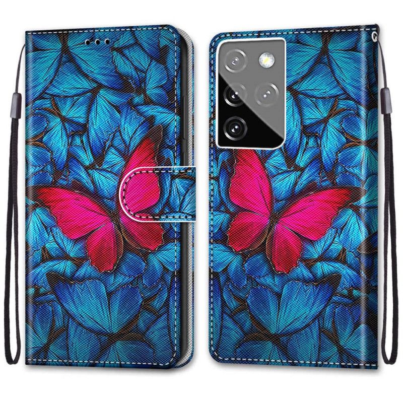 Housse Samsung Galaxy S21 Ultra 5g Papillon Rouge Sur Fond Bleu