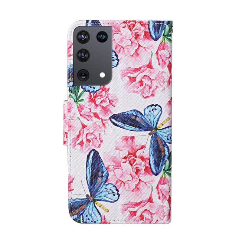 Housse Samsung Galaxy S21 Ultra 5g Papillons Floraux Lanière