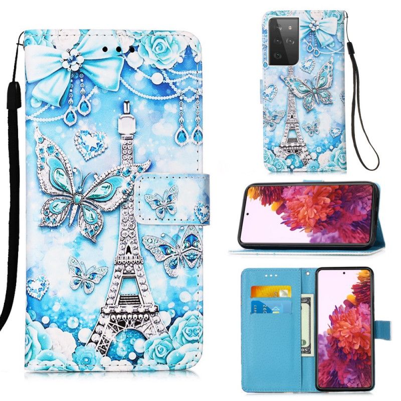 Housse Samsung Galaxy S21 Ultra 5g Tour Eiffel Papillons À Lanière
