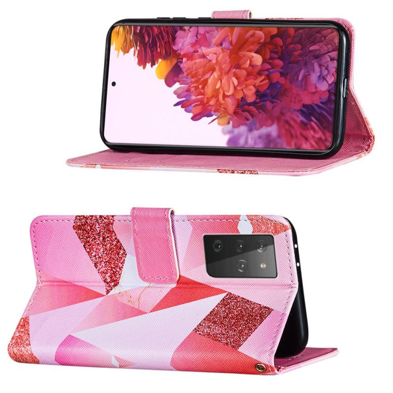 Housse Samsung Galaxy S21 Ultra 5g Triangles Magenta Et Paillettes