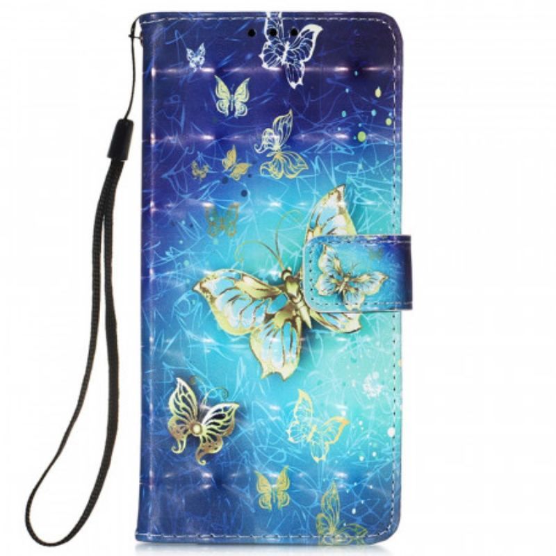 Housse Samsung Galaxy S22 Ultra 5G Papillons Dorés Lanière