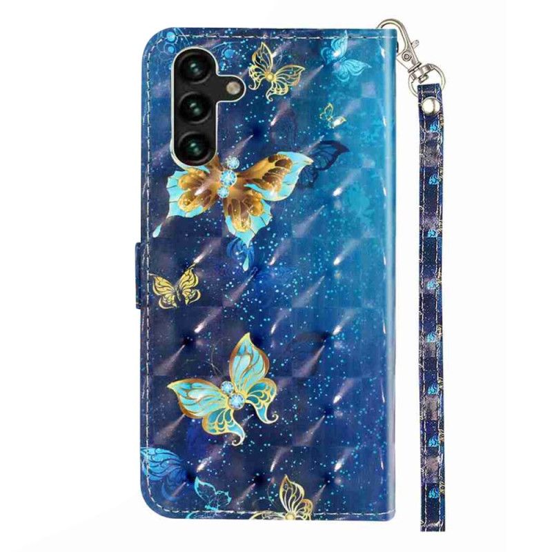 Housse Samsung Galaxy S25 FE Papillons Bleu et Or à Lanière
