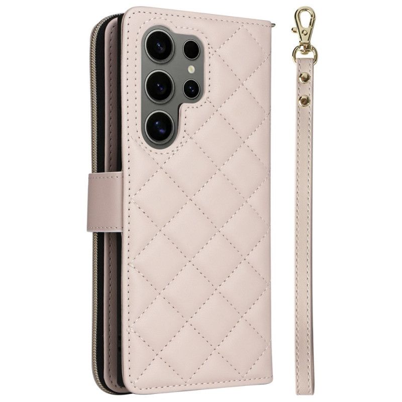 Housse Samsung Galaxy S25 Ultra 5G Portefeuille Matelassé avec Lanière et Bandoulière