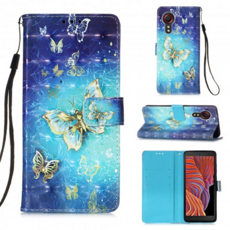 Housse Samsung Galaxy XCover 5 Papillons Dorés Lanière