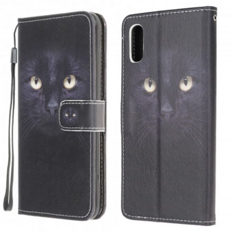 Housse Samsung Galaxy XCover 5 Yeux De Chat Noir À Lanière