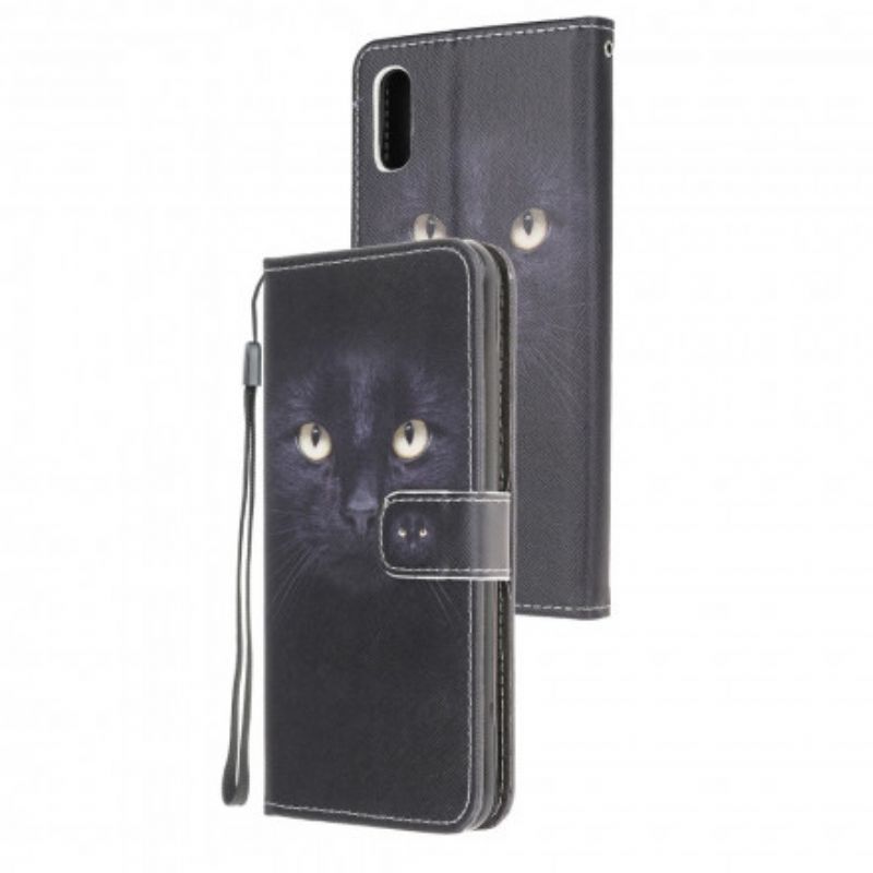 Housse Samsung Galaxy XCover 5 Yeux De Chat Noir À Lanière