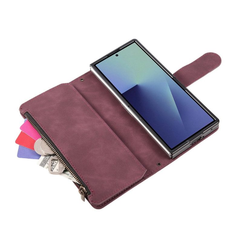 Housse Samsung Galaxy Z Fold 7 Portefeuille Effet Daim avec Bandoulière