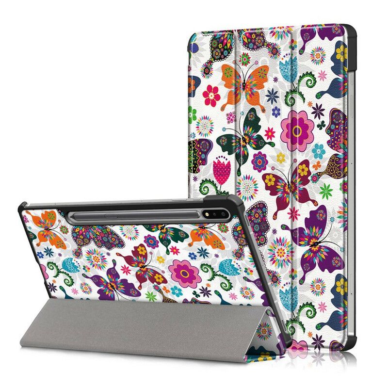 Smart Case Coque Samsung Galaxy Tab S7 FE Renforcée Papillons Et Fleurs