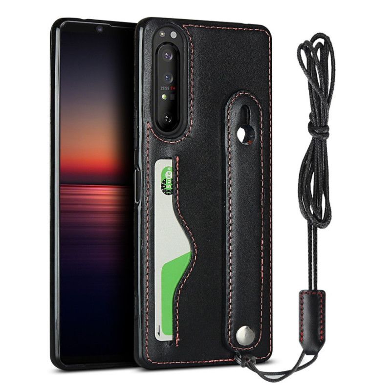 Coque Sony Xperia 1 Ii Véritable Cuir Sangle Et Porte-carte