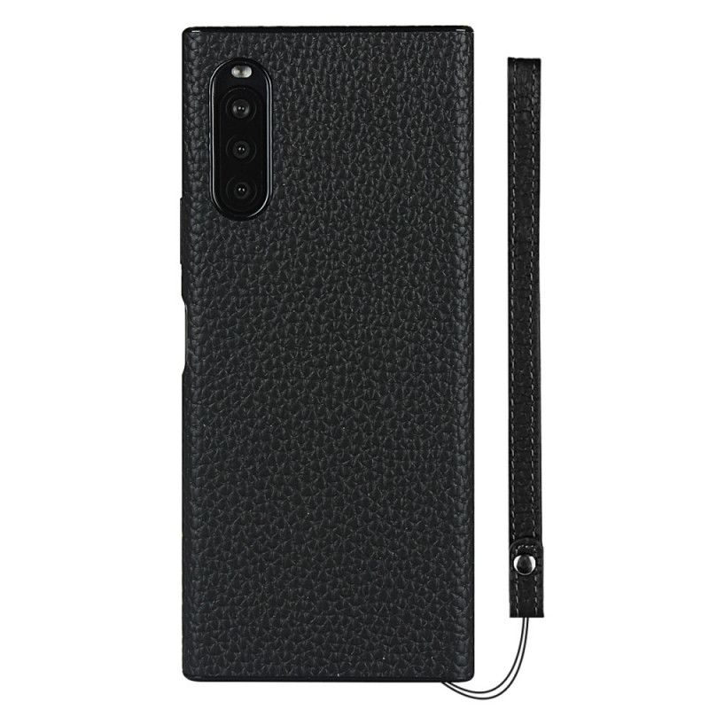 Coque Sony Xperia 10 Ii Véritable Cuir Litchi Avec Lanière