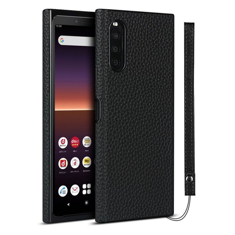 Coque Sony Xperia 10 Ii Véritable Cuir Litchi Avec Lanière