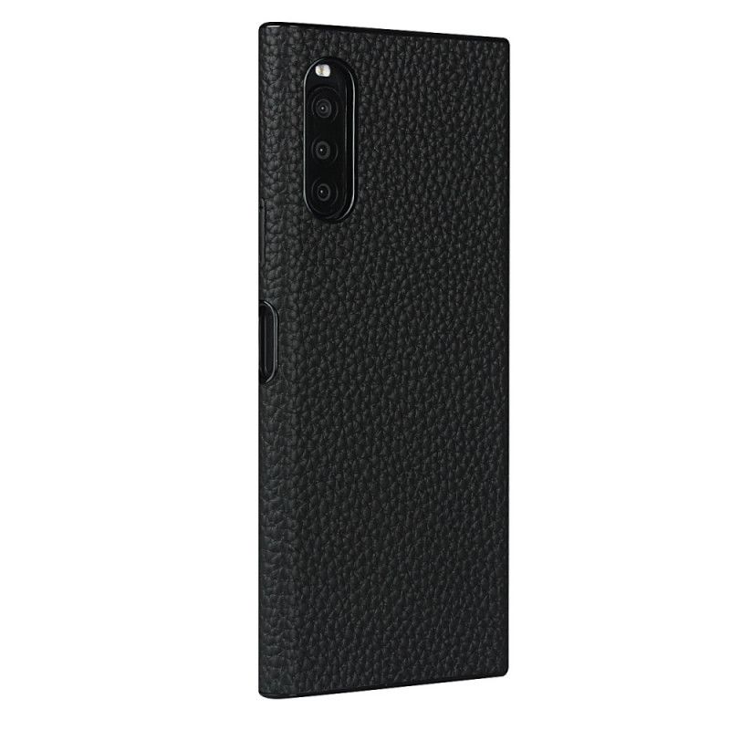 Coque Sony Xperia 10 Ii Véritable Cuir Litchi Avec Lanière