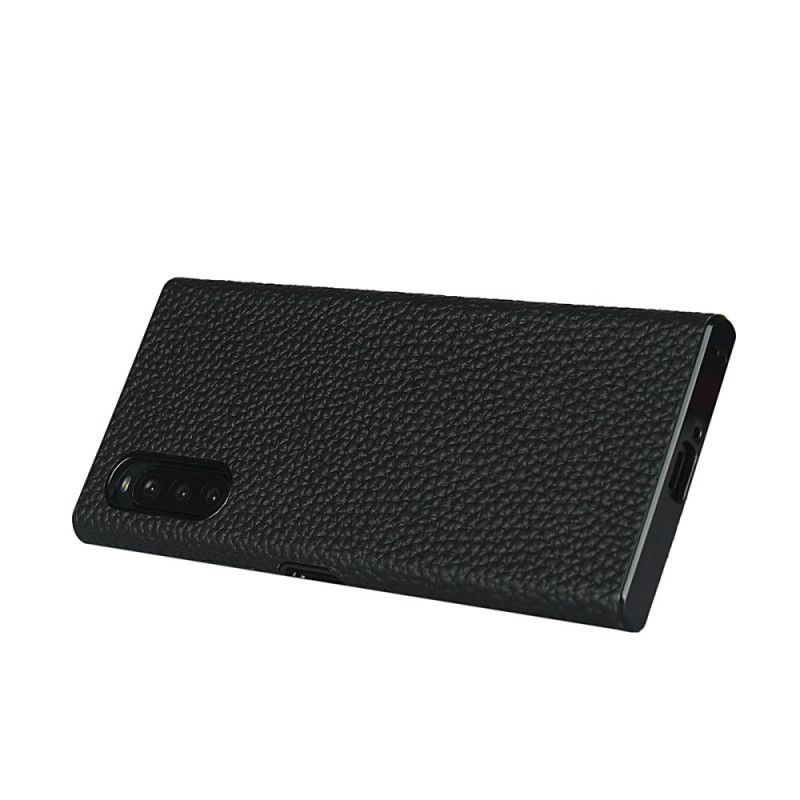 Coque Sony Xperia 10 Ii Véritable Cuir Litchi Avec Lanière