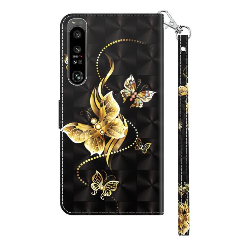 Housse Sony Xperia 1 IV Papillons Dorés à Lanière