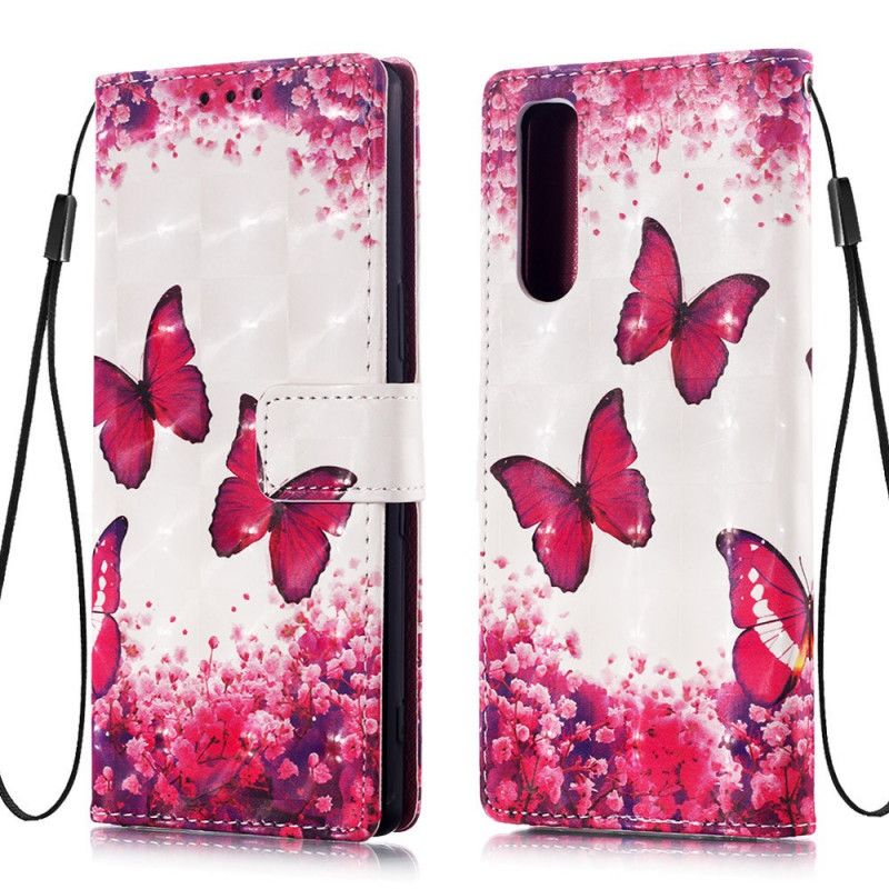 Étui Housse Sony Xperia 5 Papillons Rouges À Lanière