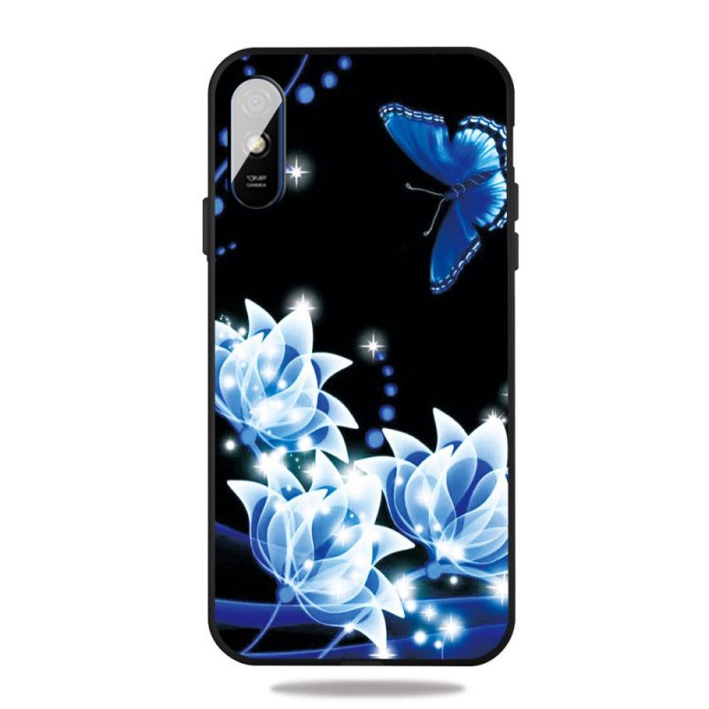 Coque Xiaomi Redmi 9a Papillon Et Fleurs Bleus