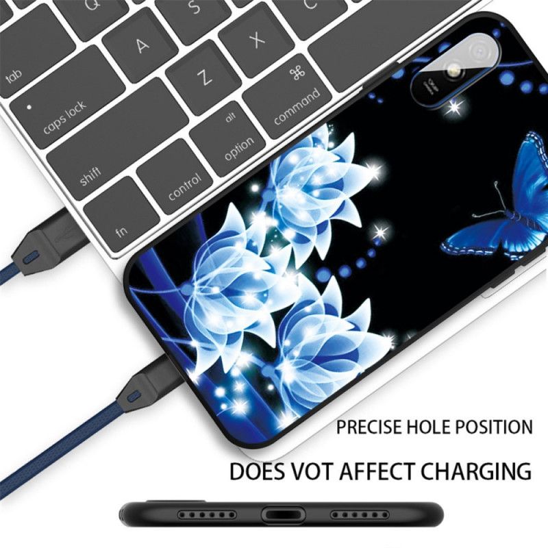 Coque Xiaomi Redmi 9a Papillon Et Fleurs Bleus