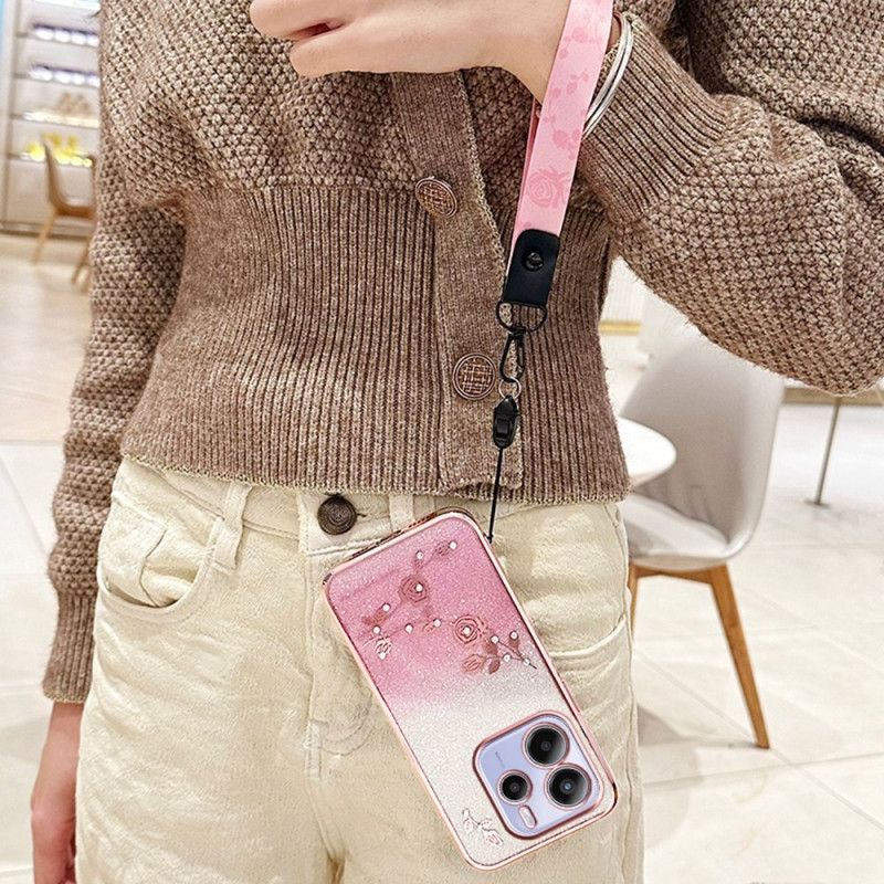 Coque Xiaomi Redmi Note 14 4G Strass et Fleurs à Lanière