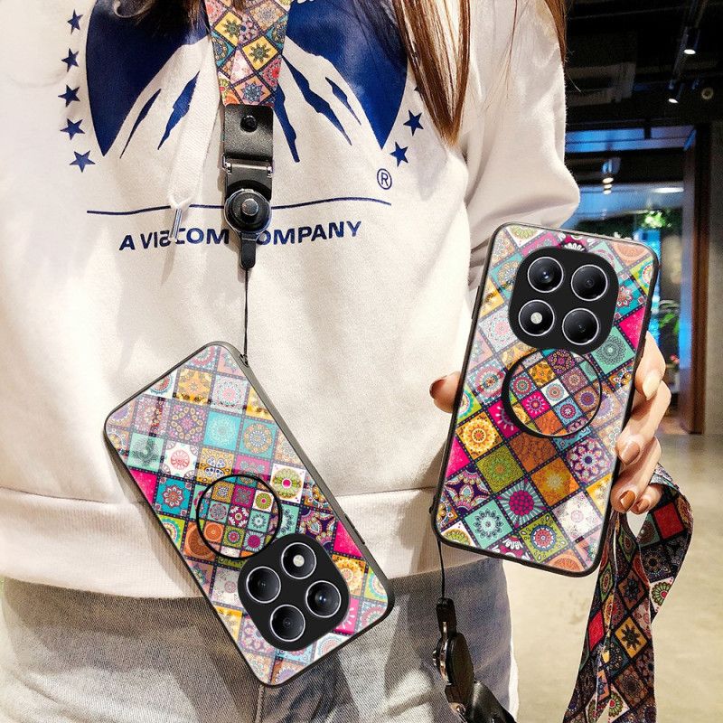 Coque Xiaomi Redmi Note 14 Pro 4G Support et Lanière Motif Patchwork