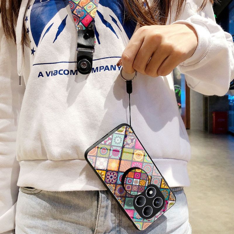 Coque Xiaomi Redmi Note 14 Pro 4G Support et Lanière Motif Patchwork