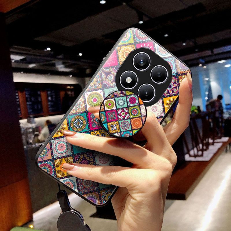 Coque Xiaomi Redmi Note 14 Pro 4G Support et Lanière Motif Patchwork