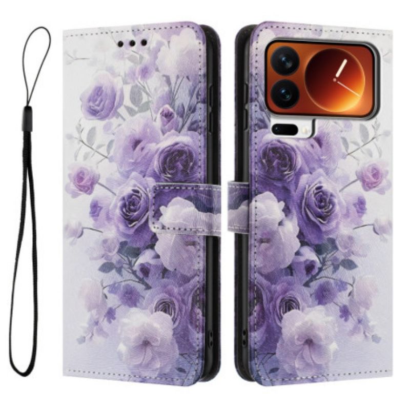 Étui Portefeuille à Rabat pour Xiaomi 17 Pro Max - Motif Rose Violette avec Dragonne