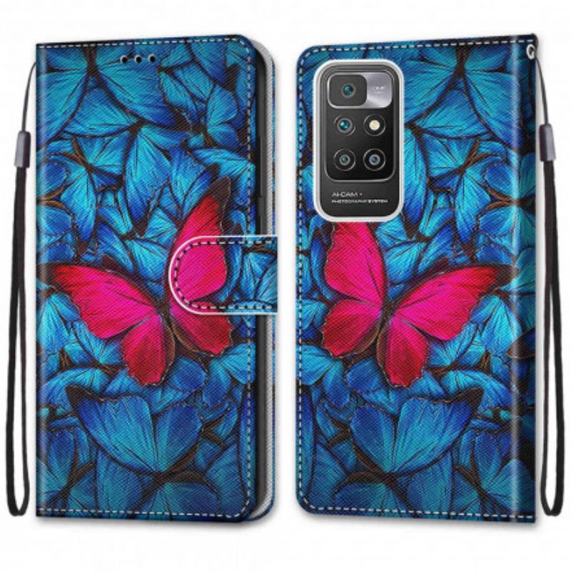 Housse Pour Xiaomi Redmi 10 Papillon Rouge Sur Fond Bleu