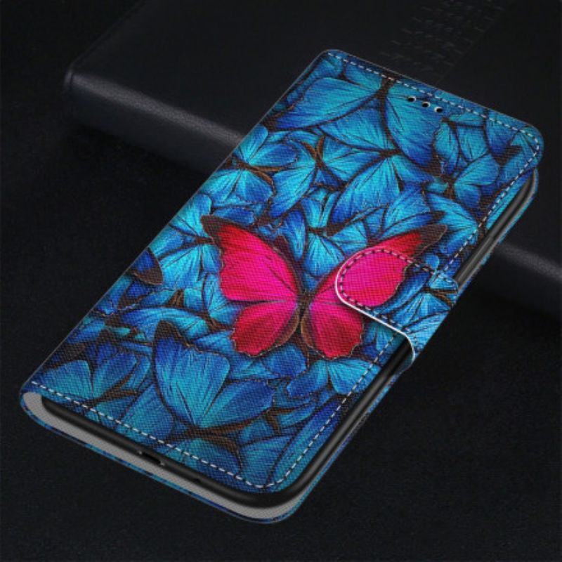 Housse Pour Xiaomi Redmi 10 Papillon Rouge Sur Fond Bleu
