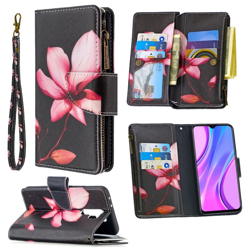 Housse Xaiomi Redmi 9 Poche Zippée Fleur