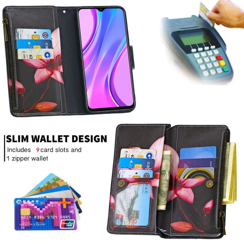 Housse Xaiomi Redmi 9 Poche Zippée Fleur