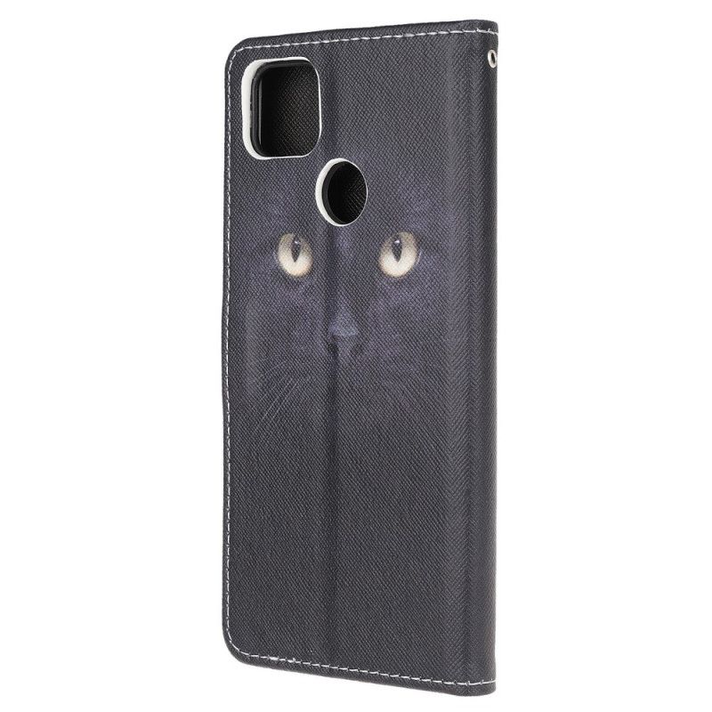 Housse Xaiomi Redmi 9c Yeux De Chat Noir À Lanière