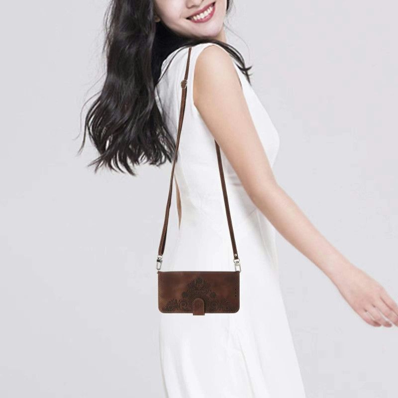 Housse Xiaomi 15 Pro Effet Daim Motif Floral à Lanière et Bandoulière