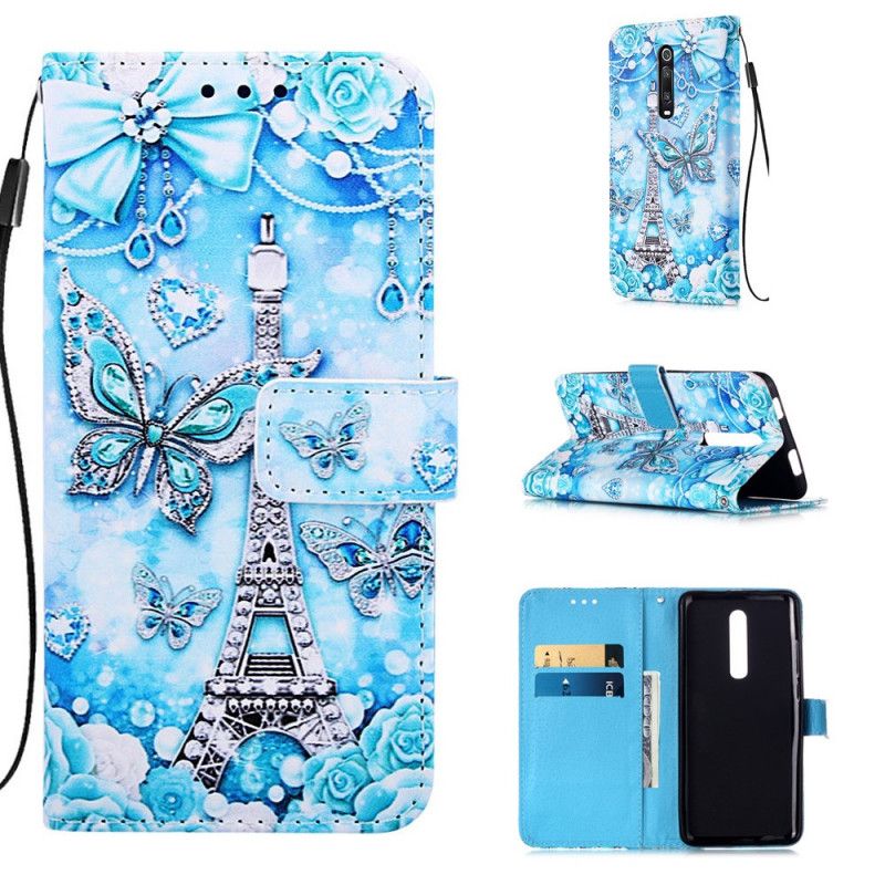 Étui Housse Xiaomi Mi 9t / Mi 9t Pro Tour Eiffel Papillons À Lanière