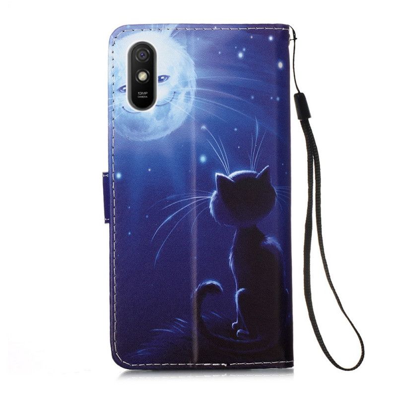 Housse Xiaomi Redmi 9a Chat Au Clair De Lune À Lanière