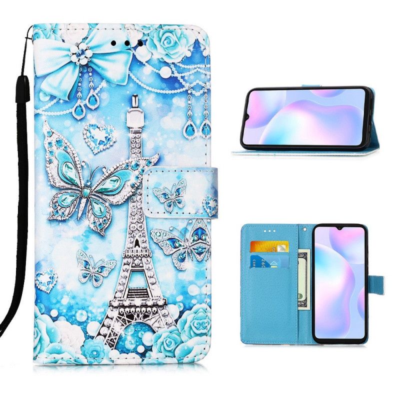 Housse Xiaomi Redmi 9a Tour Eiffel Papillons À Lanière