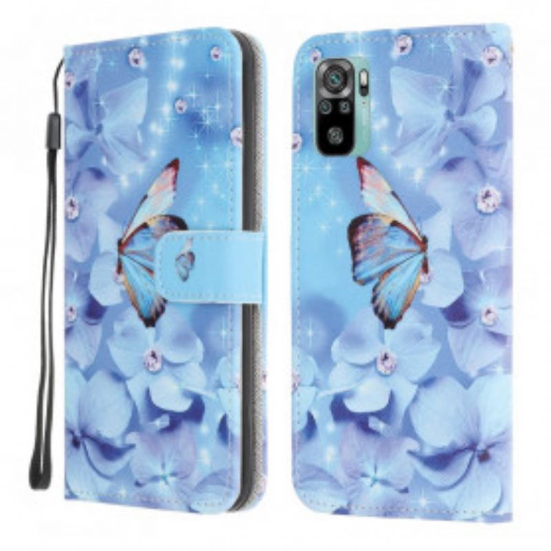 Housse Xiaomi Redmi Note 10/10S/Poco M5s Papillons Diamants à Lanière