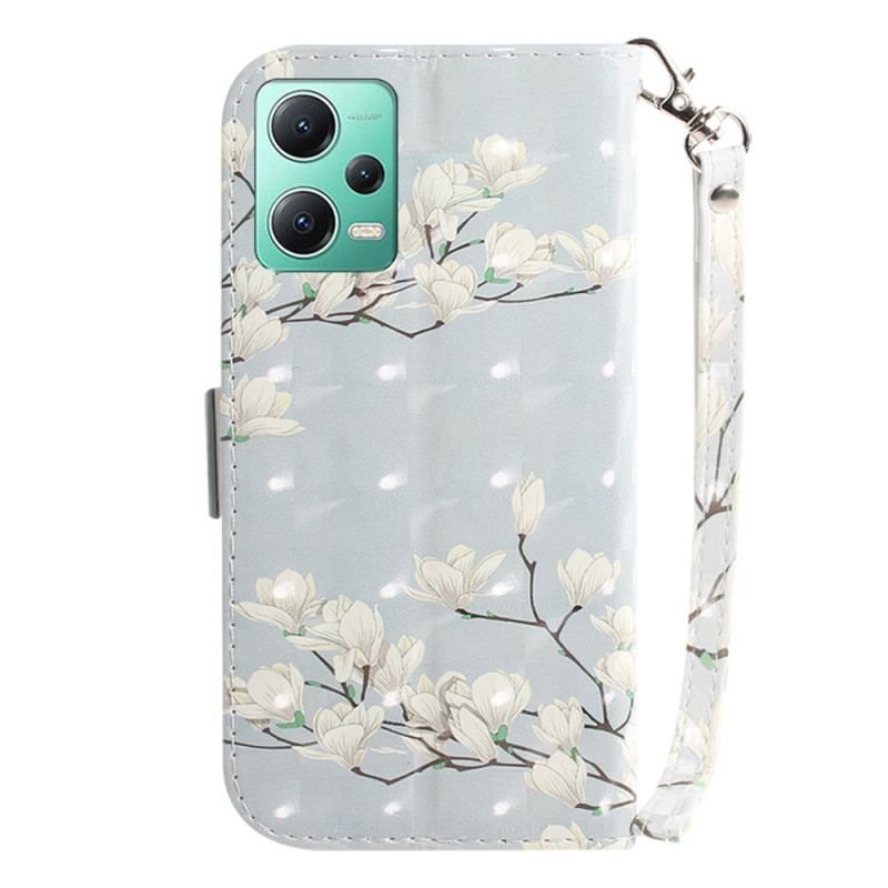 Housse Xiaomi Redmi Note 12/Poco X5 5G Fleurs Blanches à Lanière