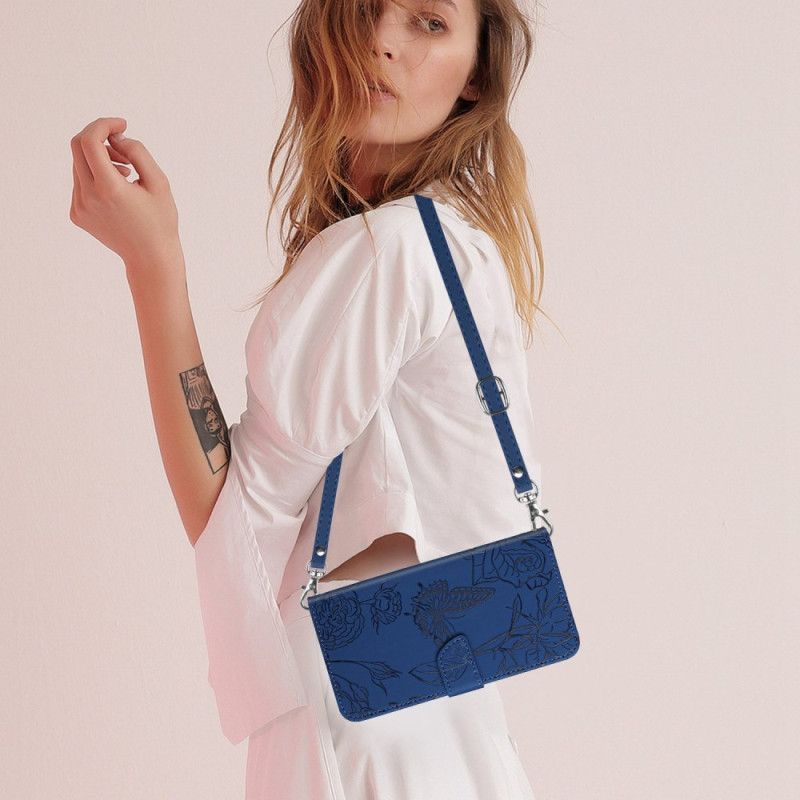 Housse Xiaomi Redmi Note 14 4G Empreinte Papillons à Bandoulière