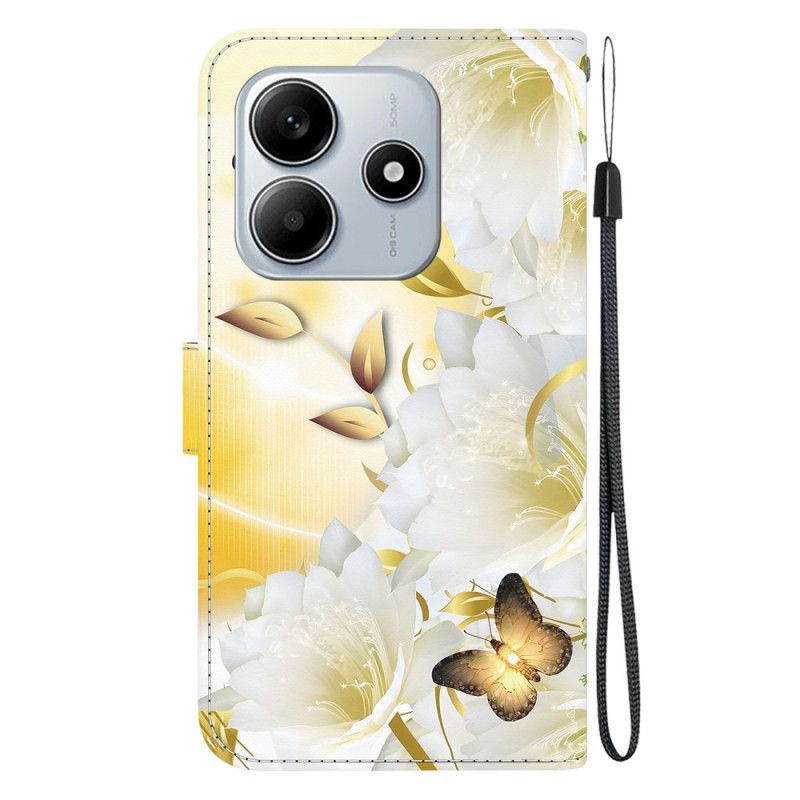 Housse Xiaomi Redmi Note 14 5G Papillon Dorés et Fleurs Blanches